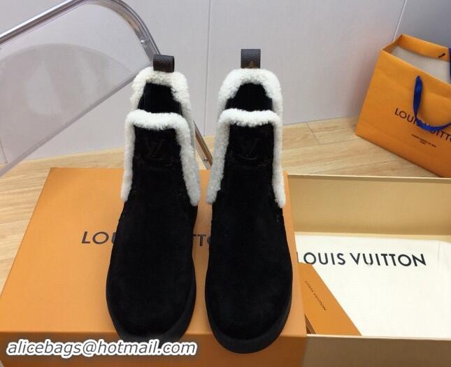 Perfect Louis Vuitton Aspen Chelsea Ankle Boots in Monogram Suede and Shearling Wool 1ADC7D Black 114076