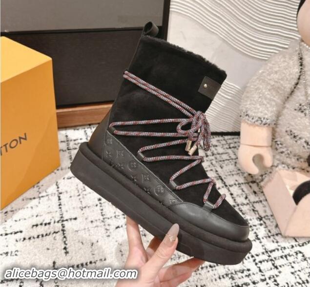 Luxurious Louis Vuitton Aspen Platform Laces up Ankle Boots in Suede 1AC75R Black 1114078