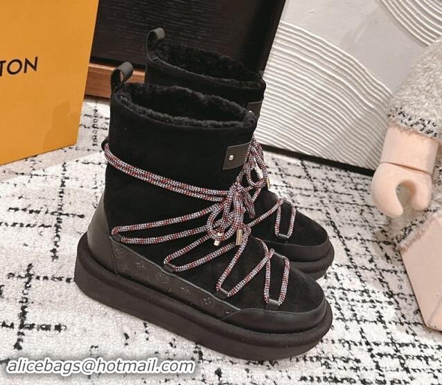 Luxurious Louis Vuitton Aspen Platform Laces up Ankle Boots in Suede 1AC75R Black 1114078