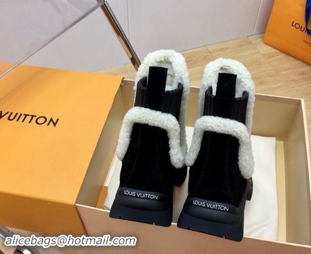 Most Popular Louis Vuitton Ruby Flat Ankle Boots in Suede and Shearling Wool Black 2024 1AGWFK 1114079