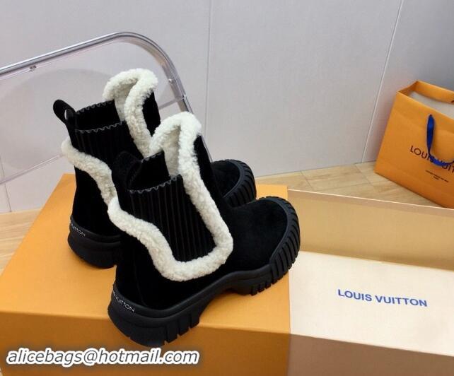 Most Popular Louis Vuitton Ruby Flat Ankle Boots in Suede and Shearling Wool Black 2024 1AGWFK 1114079