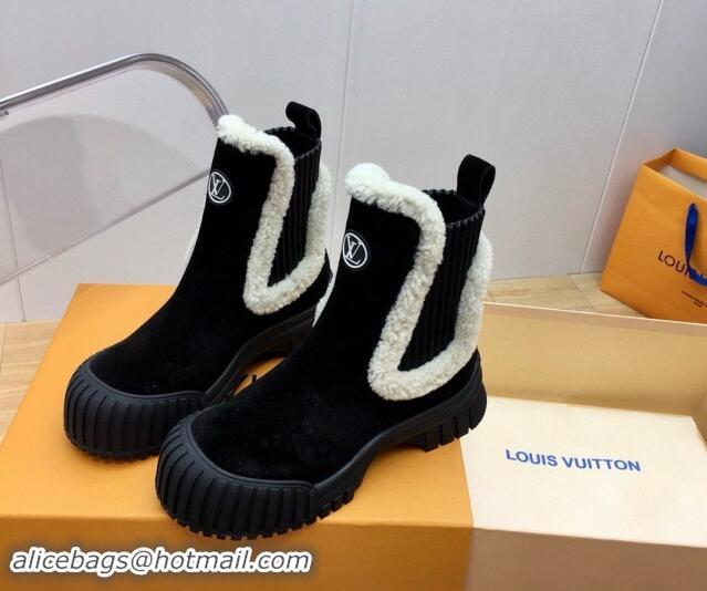 Most Popular Louis Vuitton Ruby Flat Ankle Boots in Suede and Shearling Wool Black 2024 1AGWFK 1114079