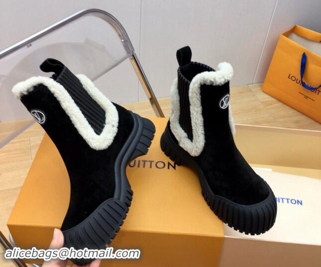 Most Popular Louis Vuitton Ruby Flat Ankle Boots in Suede and Shearling Wool Black 2024 1AGWFK 1114079