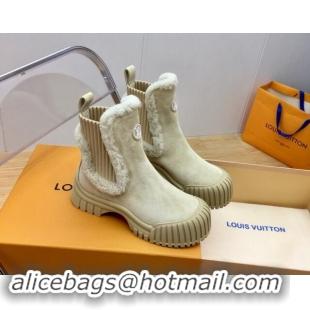 Grade Quality Louis Vuitton Ruby Flat Ankle Boots in Suede and Shearling Wool Beige 1114080