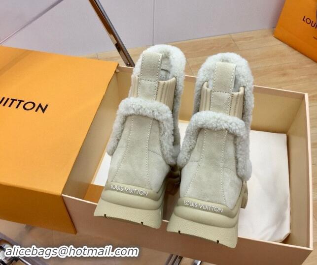 Grade Quality Louis Vuitton Ruby Flat Ankle Boots in Suede and Shearling Wool Beige 1114080