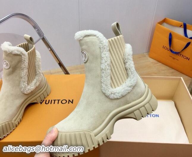 Grade Quality Louis Vuitton Ruby Flat Ankle Boots in Suede and Shearling Wool Beige 1114080