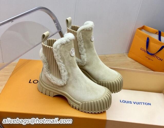 Grade Quality Louis Vuitton Ruby Flat Ankle Boots in Suede and Shearling Wool Beige 1114080