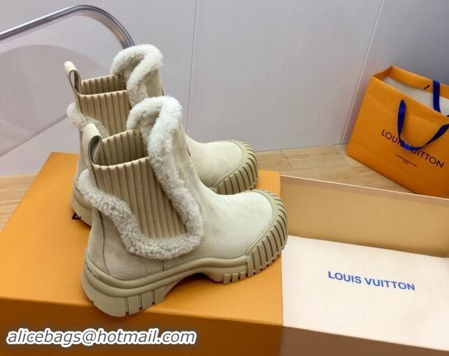 Grade Quality Louis Vuitton Ruby Flat Ankle Boots in Suede and Shearling Wool Beige 1114080