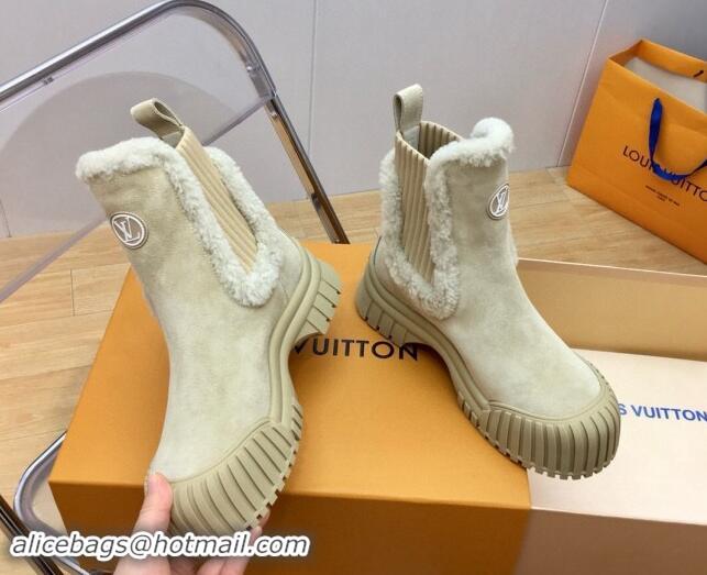 Grade Quality Louis Vuitton Ruby Flat Ankle Boots in Suede and Shearling Wool Beige 1114080