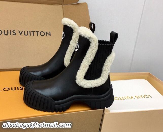 Good Product Louis Vuitton Ruby Flat Ankle Boots in Black Leather and Shearling Wool 1114081