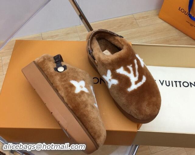 Good Quality Louis Vuitton Aspen Comfort Clog Platform Mules in Shearling Brown 1ADC2H 114083