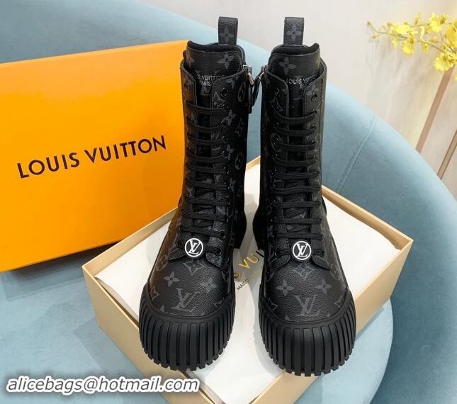 Pretty Style Louis Vuitton Ruby Flat Ranger Lace-up Boots in Monogram Canvas Black 114086