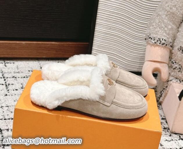 Top Grade Louis Vuitton Flat Mules in Suede and Wool Beige 1114087