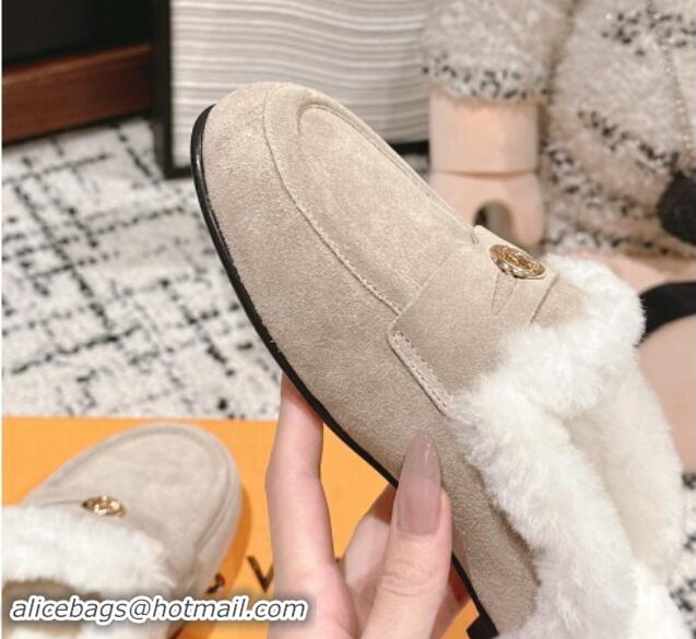 Top Grade Louis Vuitton Flat Mules in Suede and Wool Beige 1114087