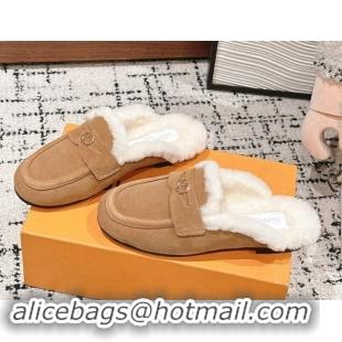 Durable Louis Vuitton Flat Mules in Suede and Wool Brown 1114088