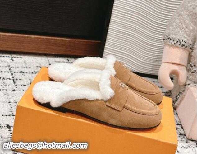 Durable Louis Vuitton Flat Mules in Suede and Wool Brown 1114088