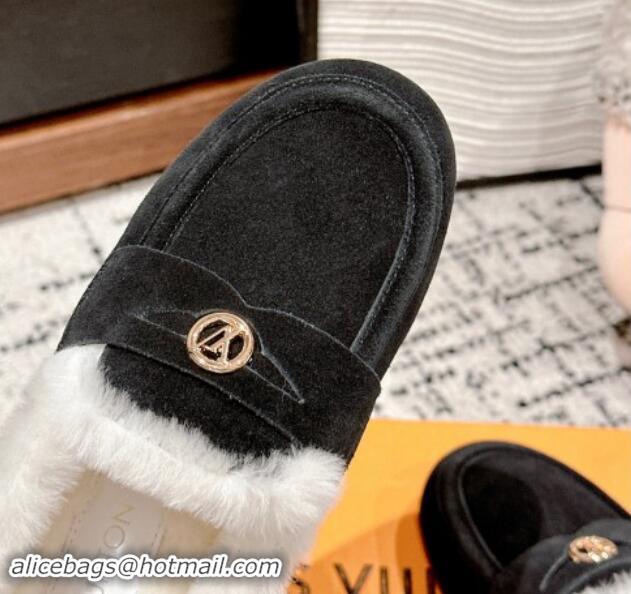 Unique Style Louis Vuitton Flat Mules in Suede and Wool Black 114089