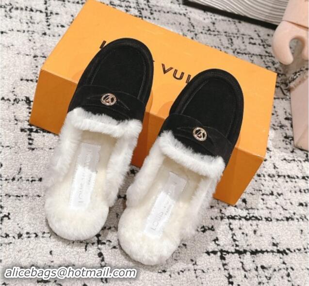 Unique Style Louis Vuitton Flat Mules in Suede and Wool Black 114089