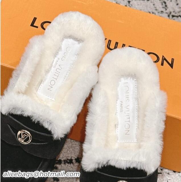 Unique Style Louis Vuitton Flat Mules in Suede and Wool Black 114089