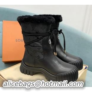 Best Product Louis Vuitton Ruby Flat Ankle Boots in Black Leather and Nylon with Shearling Wool 1122064