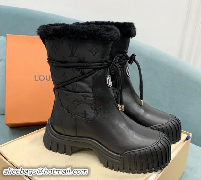 Best Product Louis Vuitton Ruby Flat Ankle Boots in Black Leather and Nylon with Shearling Wool 1122064