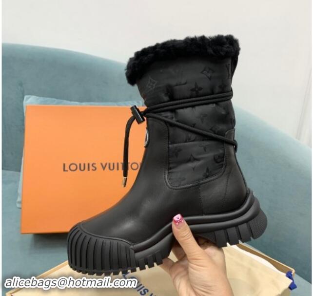 Best Product Louis Vuitton Ruby Flat Ankle Boots in Black Leather and Nylon with Shearling Wool 1122064