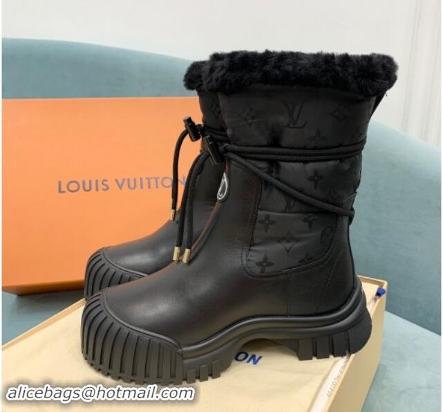 Best Product Louis Vuitton Ruby Flat Ankle Boots in Black Leather and Nylon with Shearling Wool 1122064