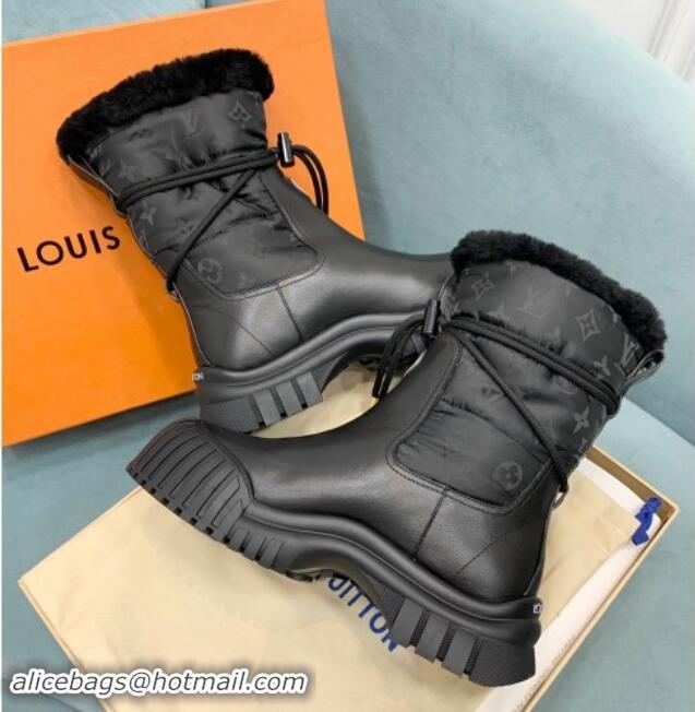 Best Product Louis Vuitton Ruby Flat Ankle Boots in Black Leather and Nylon with Shearling Wool 1122064