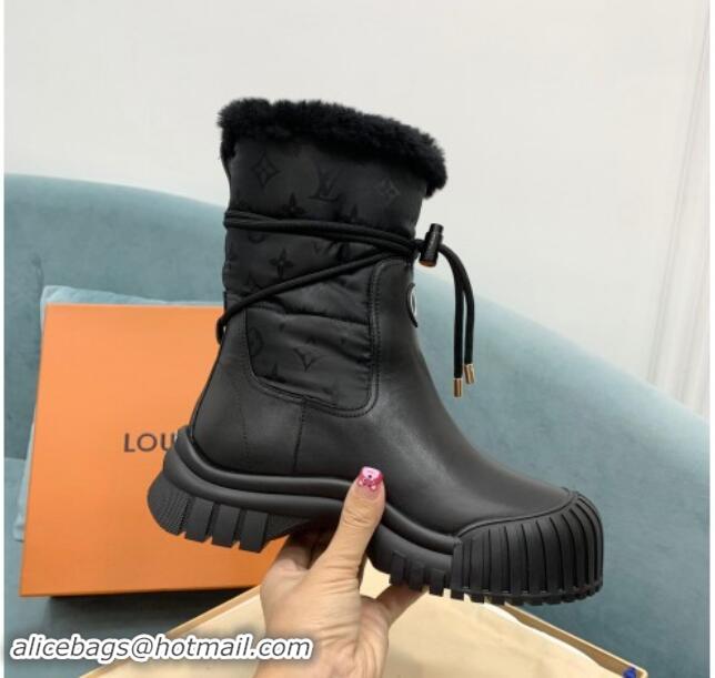 Best Product Louis Vuitton Ruby Flat Ankle Boots in Black Leather and Nylon with Shearling Wool 1122064