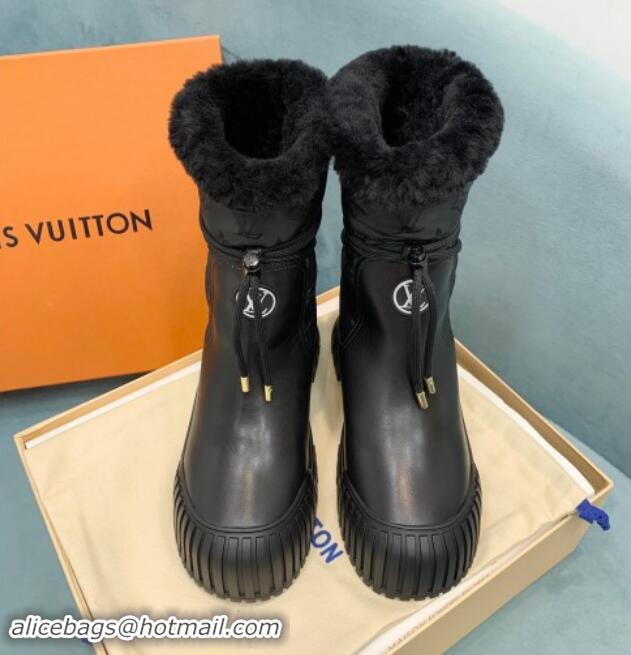 Best Product Louis Vuitton Ruby Flat Ankle Boots in Black Leather and Nylon with Shearling Wool 1122064