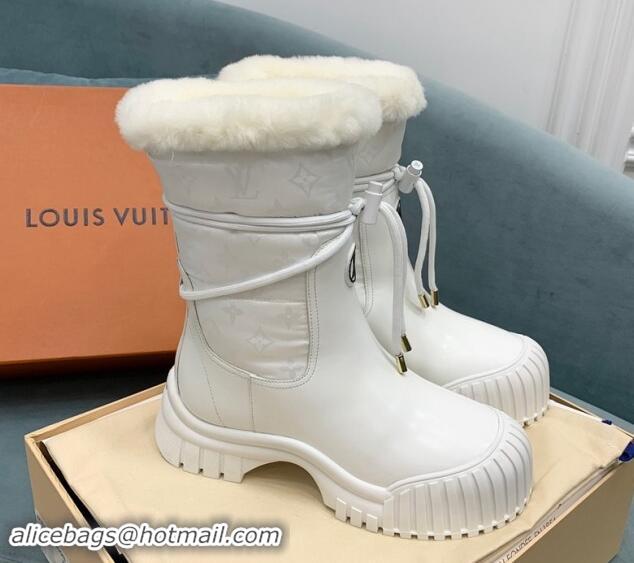 Stylish Louis Vuitton Ruby Flat Ankle Boots in Black Leather and Nylon with Shearling Wool White 1122065