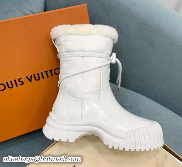 Stylish Louis Vuitton Ruby Flat Ankle Boots in Black Leather and Nylon with Shearling Wool White 1122065