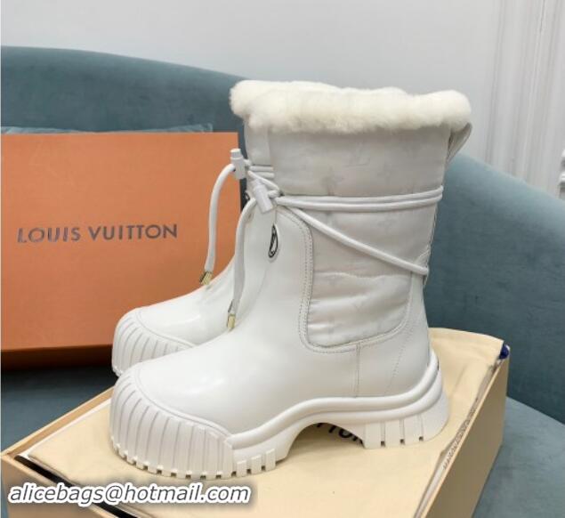 Stylish Louis Vuitton Ruby Flat Ankle Boots in Black Leather and Nylon with Shearling Wool White 1122065