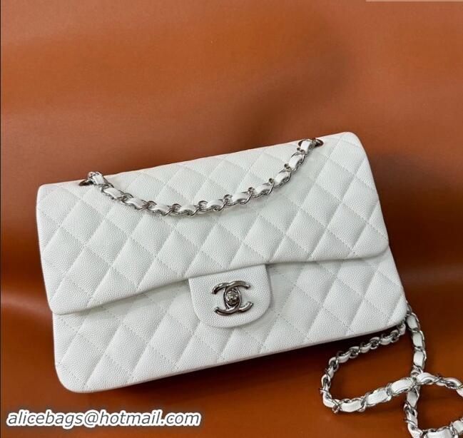 Luxury Classic Chanel Classic Grained Calfskin Medium Flap Bag A01112 White/Silver 2024