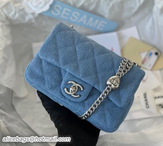 Market Sells Chanel Washed Denim Mini Flap Bag with Heart Chain AS3828 Light Blue 2024