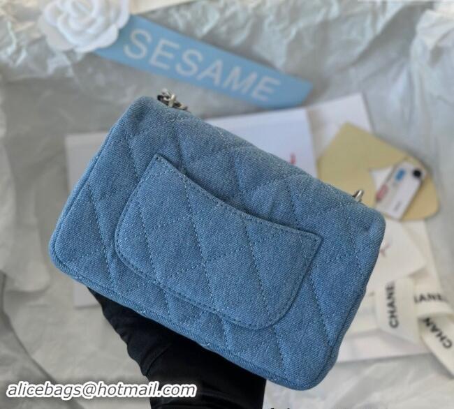 Market Sells Chanel Washed Denim Mini Flap Bag with Heart Chain AS3828 Light Blue 2024