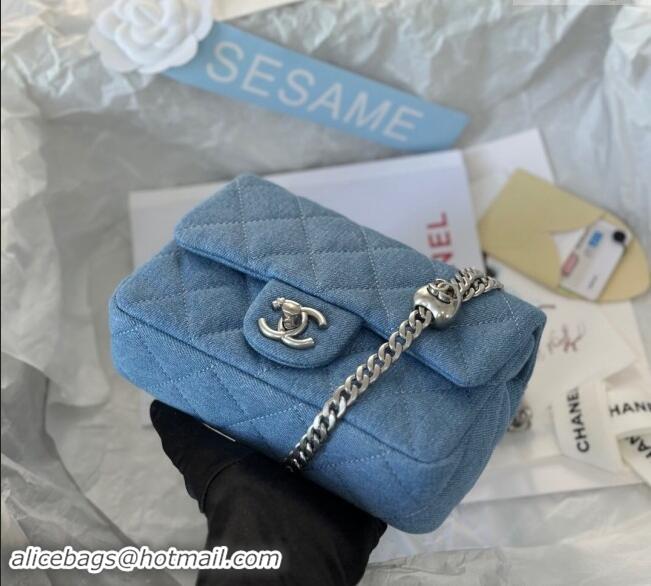 Market Sells Chanel Washed Denim Mini Flap Bag with Heart Chain AS3828 Light Blue 2024