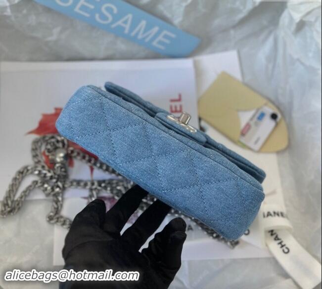 Market Sells Chanel Washed Denim Mini Flap Bag with Heart Chain AS3828 Light Blue 2024