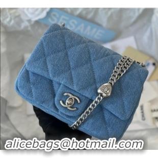 Best Cheap Chanel Washed Denim Mini Square Flap Bag with Heart Chain AS3829 Light Blue 2024