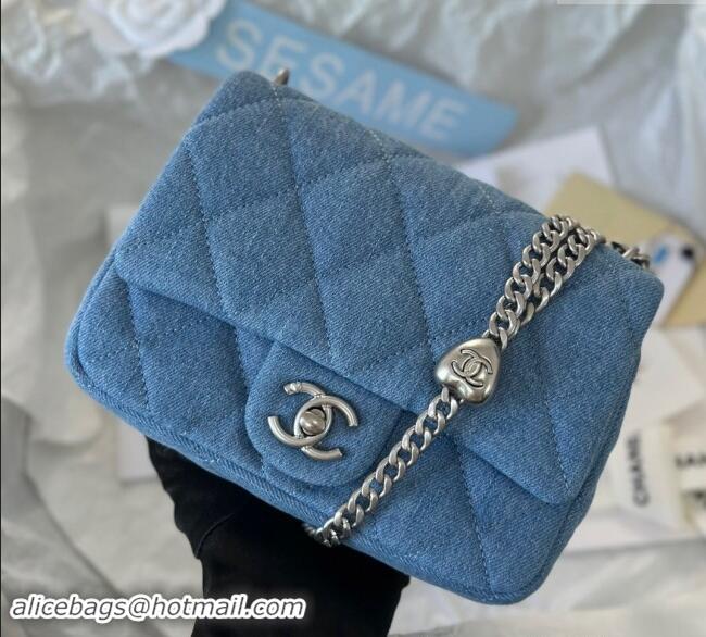 Best Cheap Chanel Washed Denim Mini Square Flap Bag with Heart Chain AS3829 Light Blue 2024