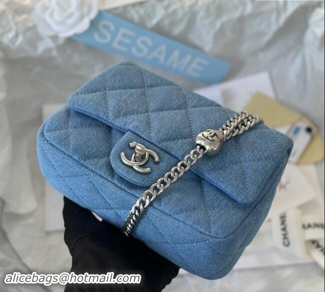 Best Cheap Chanel Washed Denim Mini Square Flap Bag with Heart Chain AS3829 Light Blue 2024