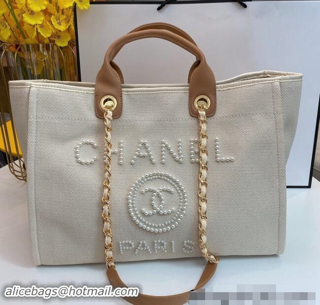 High Quality Chanel Deauville Mixed Fibers & Calfskin Large Shopping Bag with Pearls A66941 Beige 2024 TOP