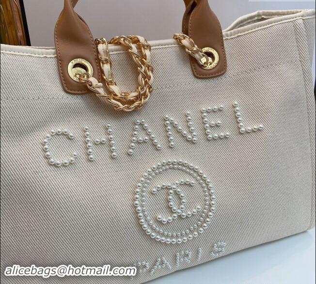 High Quality Chanel Deauville Mixed Fibers & Calfskin Large Shopping Bag with Pearls A66941 Beige 2024 TOP