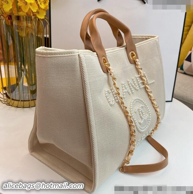 High Quality Chanel Deauville Mixed Fibers & Calfskin Large Shopping Bag with Pearls A66941 Beige 2024 TOP