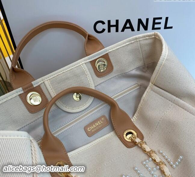 High Quality Chanel Deauville Mixed Fibers & Calfskin Large Shopping Bag with Pearls A66941 Beige 2024 TOP