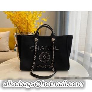 New Stylish Chanel Deauville Mixed Fibers & Calfskin Large Shopping Bag with Studs A66941 Black 2024 TOP