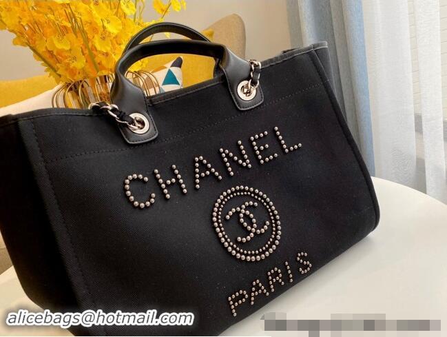 New Stylish Chanel Deauville Mixed Fibers & Calfskin Large Shopping Bag with Studs A66941 Black 2024 TOP