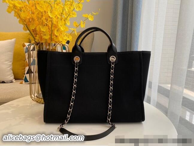 New Stylish Chanel Deauville Mixed Fibers & Calfskin Large Shopping Bag with Studs A66941 Black 2024 TOP