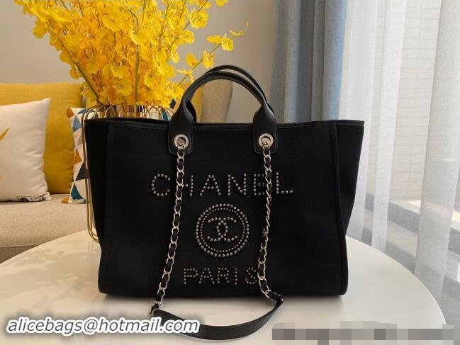 New Stylish Chanel Deauville Mixed Fibers & Calfskin Large Shopping Bag with Studs A66941 Black 2024 TOP