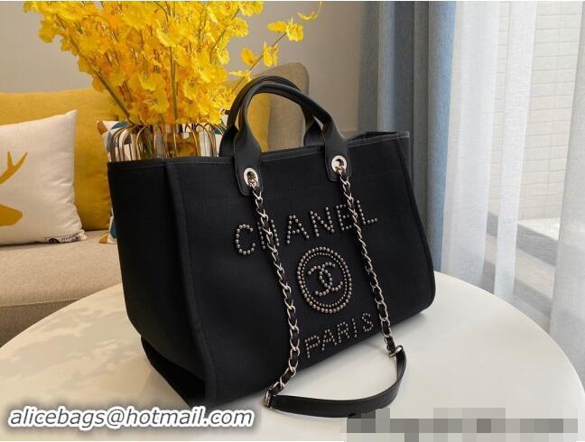 New Stylish Chanel Deauville Mixed Fibers & Calfskin Large Shopping Bag with Studs A66941 Black 2024 TOP